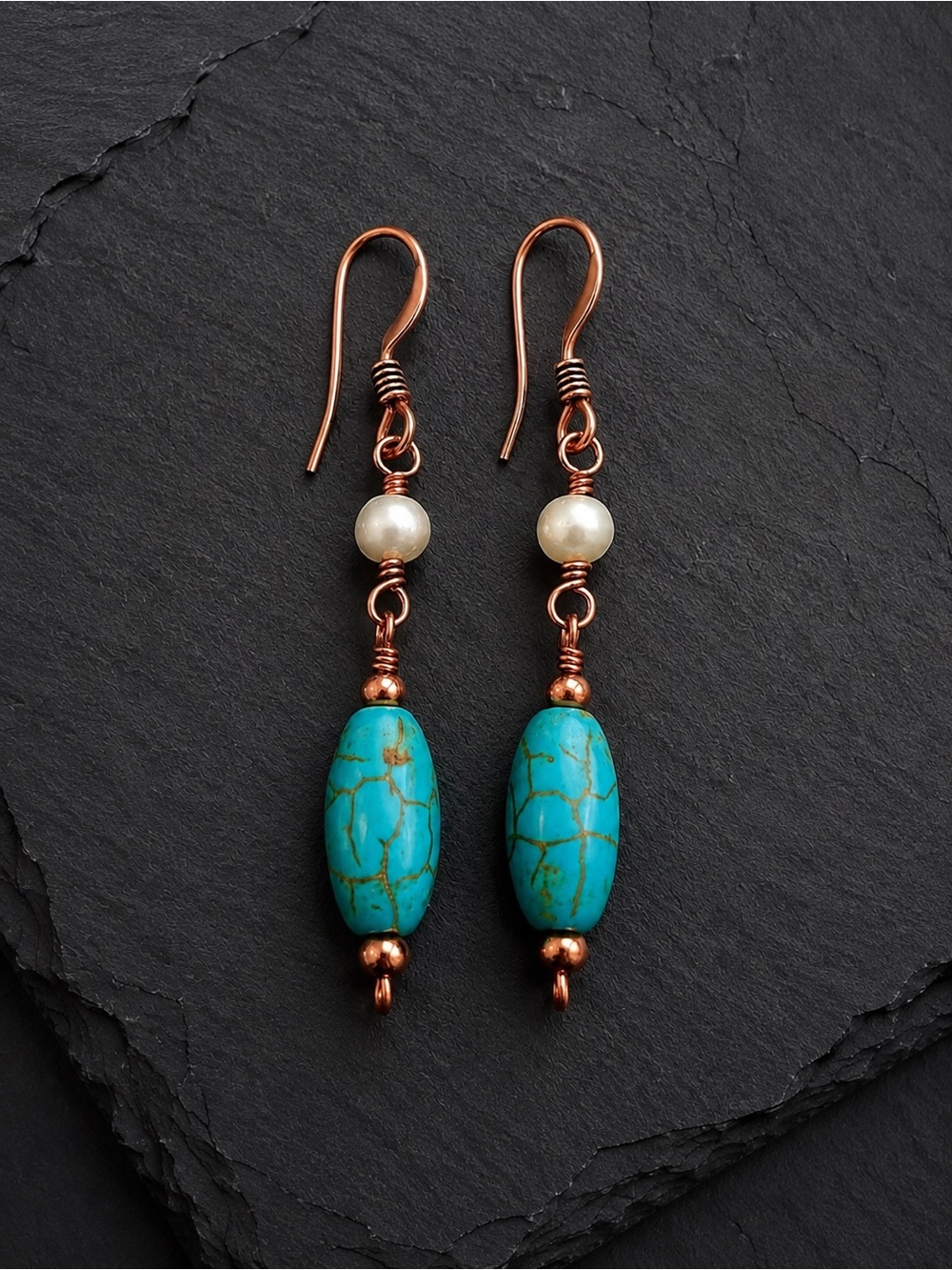 Wire Wrapped Magnesite Turquoise, Freshwater Pearl & Solid Copper Dangle Earring